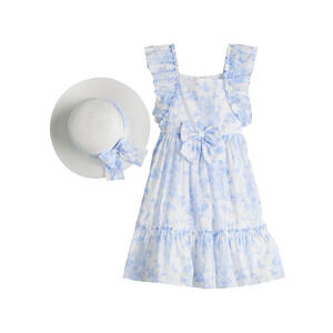 Bonnie Jean Double Ruffle Dress & Hat White and Blue Girl's Size 6